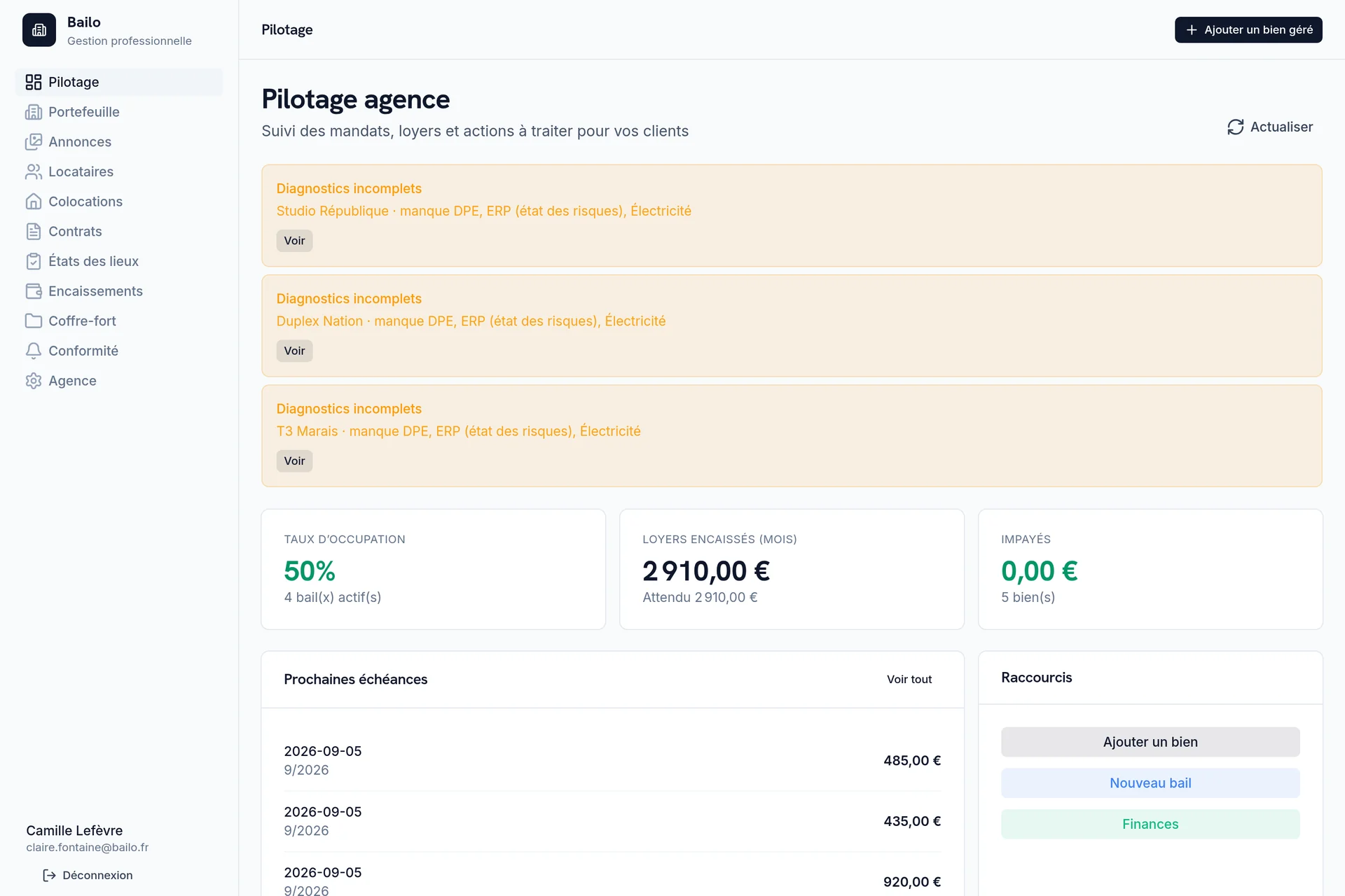 Interface Bailog — tableau de bord